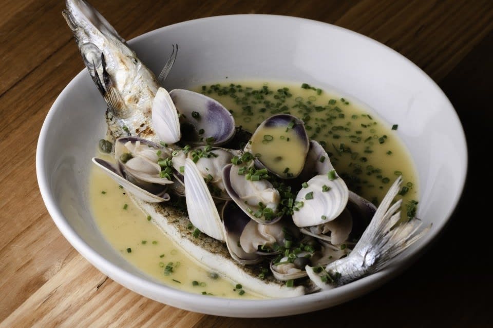 Garfish over Goolwa pipis with smoked bone sauce at Waxflower wine bar